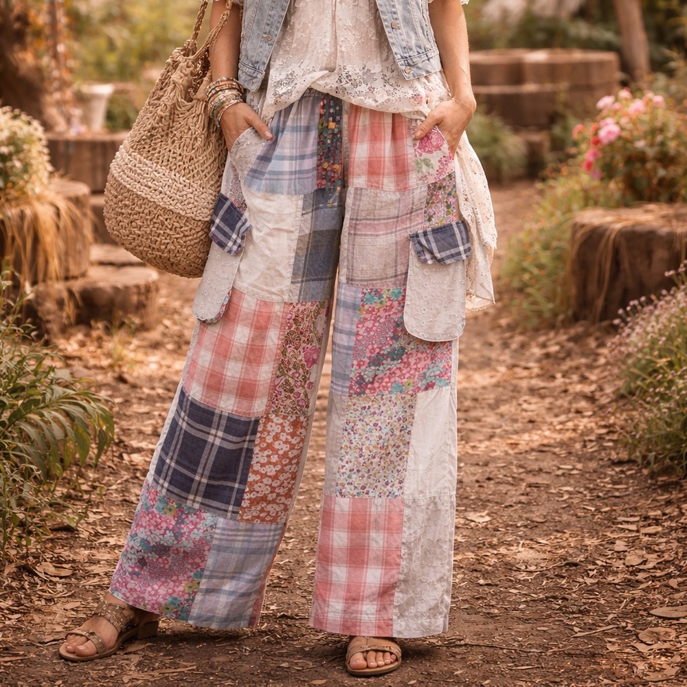 Young Threads Patchwork Pants NWT Medium Boho Cot… - image 1